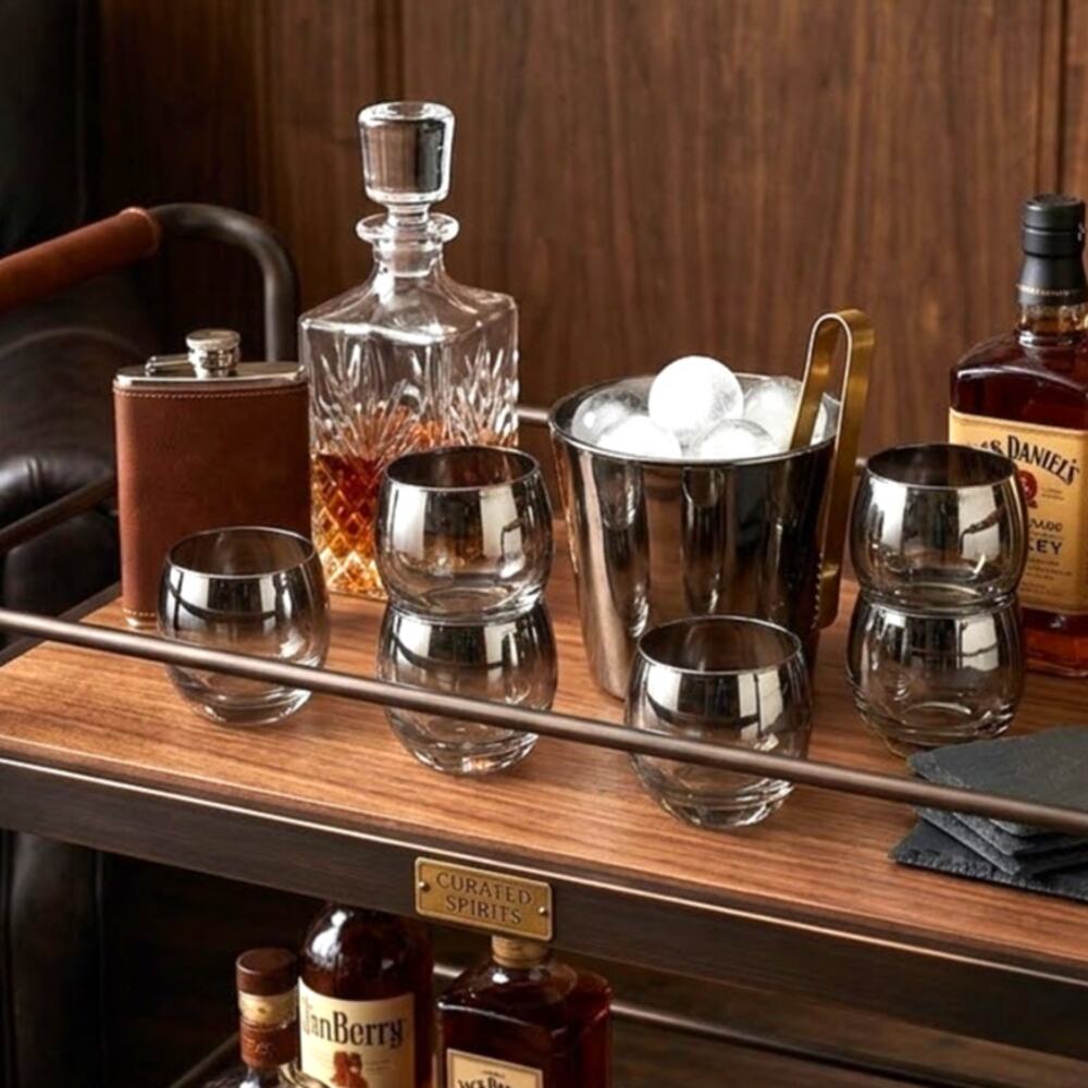 Mid-Century Modern Silver Ombre roly-poly cocktail set 8 cups w/ ice bucket 60s